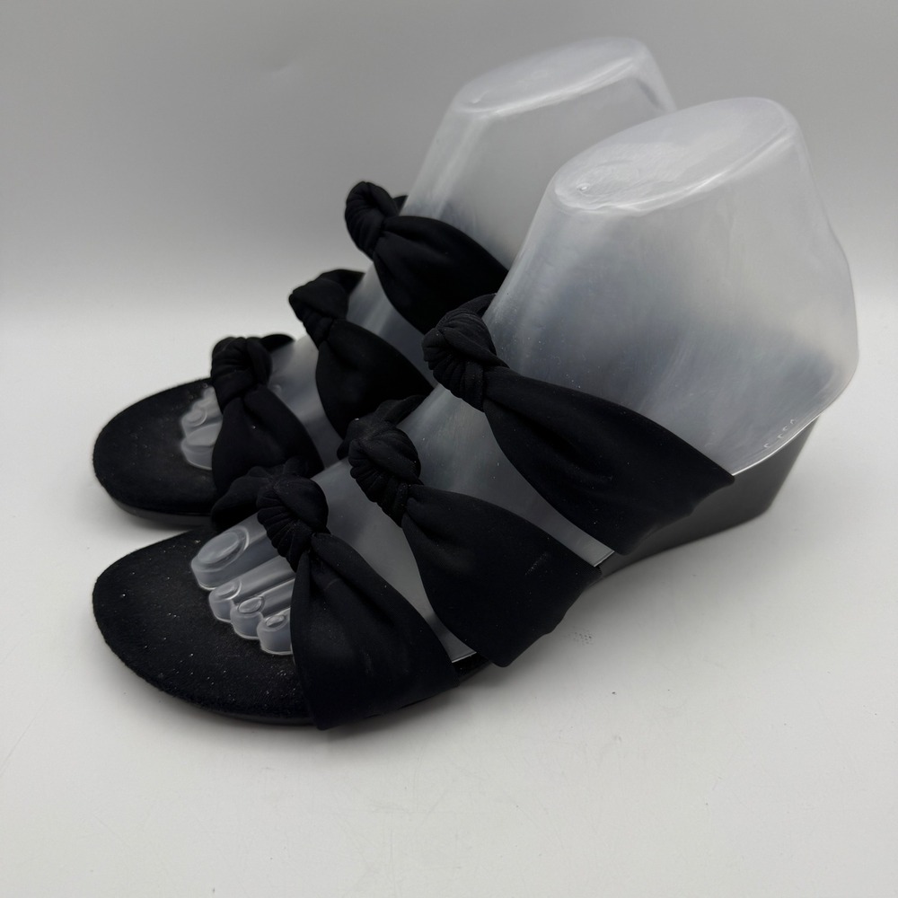 Vionic Wedge Sandals‎ Women 7 Black Triple Knot Strap Slide Orthotic Heel